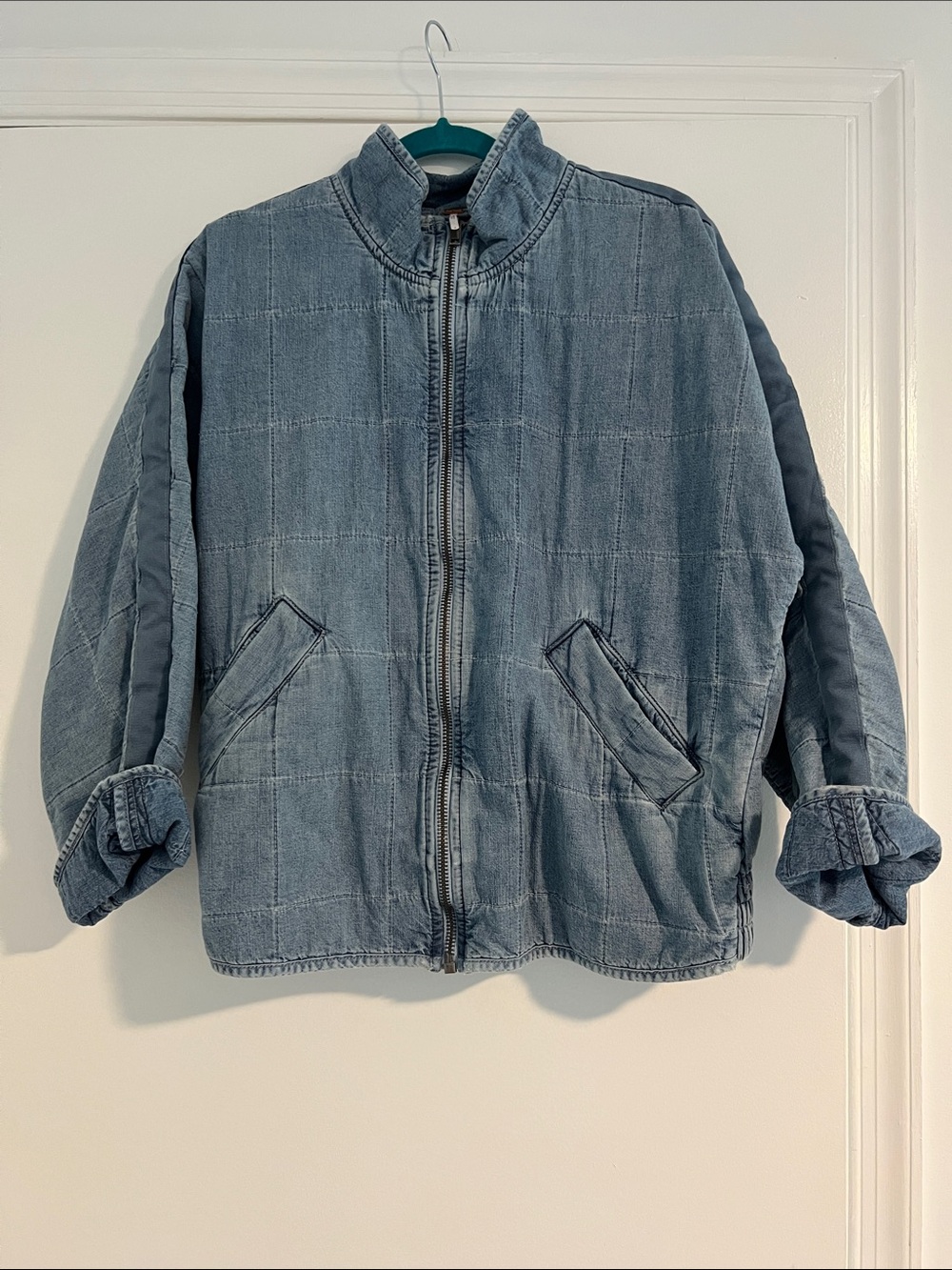 Free People Quilted Light Blue Bomber Jacket - Picture 4 of 11